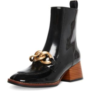 imageFSJ Women Fashion Chain Square Toe Block Mid Heel Ankle Boots Classic Side Zipper Casual Walking Ladies Shoes Size 415 USBlack