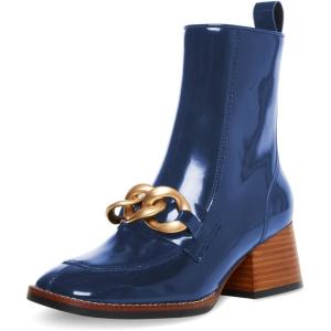 imageFSJ Women Fashion Chain Square Toe Block Mid Heel Ankle Boots Classic Side Zipper Casual Walking Ladies Shoes Size 415 USBlue