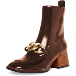 imageFSJ Women Fashion Chain Square Toe Block Mid Heel Ankle Boots Classic Side Zipper Casual Walking Ladies Shoes Size 415 USBrown