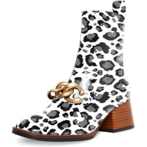 imageFSJ Women Fashion Chain Square Toe Block Mid Heel Ankle Boots Classic Side Zipper Casual Walking Ladies Shoes Size 415 USCow