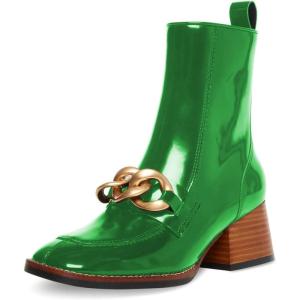 imageFSJ Women Fashion Chain Square Toe Block Mid Heel Ankle Boots Classic Side Zipper Casual Walking Ladies Shoes Size 415 USGreen