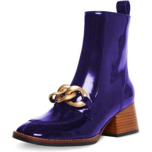 imageFSJ Women Fashion Chain Square Toe Block Mid Heel Ankle Boots Classic Side Zipper Casual Walking Ladies Shoes Size 415 USIndigo