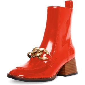 imageFSJ Women Fashion Chain Square Toe Block Mid Heel Ankle Boots Classic Side Zipper Casual Walking Ladies Shoes Size 415 USOrangered