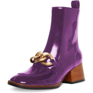 imageFSJ Women Fashion Chain Square Toe Block Mid Heel Ankle Boots Classic Side Zipper Casual Walking Ladies Shoes Size 415 USPurple