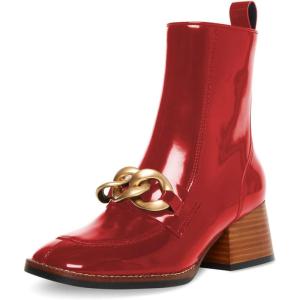 imageFSJ Women Fashion Chain Square Toe Block Mid Heel Ankle Boots Classic Side Zipper Casual Walking Ladies Shoes Size 415 USRed