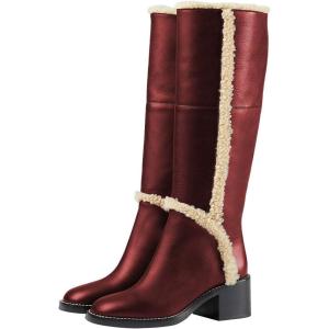 imageFSJ Women Fashion Knee High Round Toe Mid Chunky Block Heel Riding Dress Winter Wool Spring Shaft BootsRed Wine