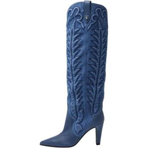 imageFSJ Women Pointed Toe Cowboy Boots Embroidered Chunky High Heel Knee High Boots Western Pull On Fashion Dress Shoes Size 416 USBlue Denim
