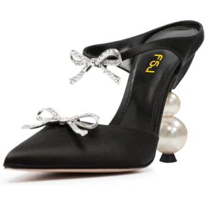 imageFSJ Women Pointed Toe with Two Bows Mules Perals High Heel Sandal Slip On Sexy Backless Summer Slides Ladies Party Dress Shoes Size 416 USBlack
