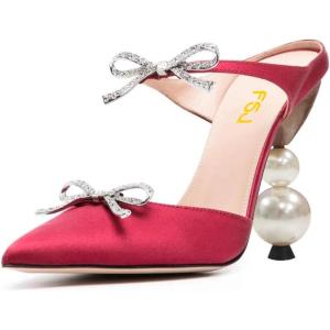 imageFSJ Women Pointed Toe with Two Bows Mules Perals High Heel Sandal Slip On Sexy Backless Summer Slides Ladies Party Dress Shoes Size 416 USRed