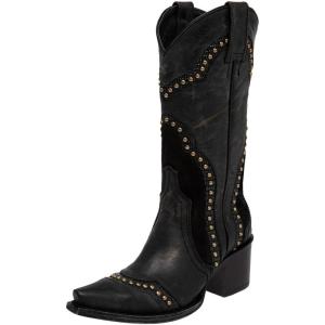 imageFSJ Women Retro Western Cowboy Boots with Studded Square Toe Stylish Low Block Heel Leather Cowgirl MidCalf Boots Shoes Size 416 USBlack