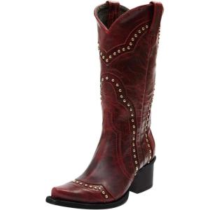 imageFSJ Women Retro Western Cowboy Boots with Studded Square Toe Stylish Low Block Heel Leather Cowgirl MidCalf Boots Shoes Size 416 USRed