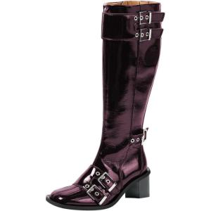 imageFSJ Women Studded Knee High Boots Side Zipper Motorcycle Riding Boot Square Toe Chunky Mid Heel Metal Buckle Strap Fashion Fall Winter Shoes Size 416 USDarkorchid
