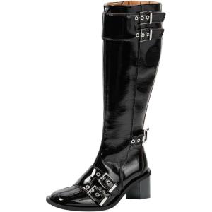 imageFSJ Women Studded Knee High Boots Side Zipper Motorcycle Riding Boot Square Toe Chunky Mid Heel Metal Buckle Strap Fashion Fall Winter Shoes Size 416 USBlack