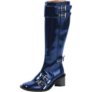 imageFSJ Women Studded Knee High Boots Side Zipper Motorcycle Riding Boot Square Toe Chunky Mid Heel Metal Buckle Strap Fashion Fall Winter Shoes Size 416 USBlue