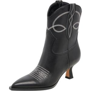 imageFSJ Women Cowboy Ankle Boots Pointed Toe Kitten Heel Western Pull On Low Heel Booties Embroidery Fall Winter Cowgirl Dress Shoes Size 416 USBlack