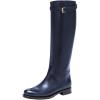 imageFSJ Women Regular Round Toe Flats Riding Knee High Boots Wide Calf Buckled Strappy Chunky Low Heel Western Long Boots Size 415 USNavy Blue