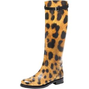 imageFSJ Women Regular Round Toe Flats Riding Knee High Boots Wide Calf Buckled Strappy Chunky Low Heel Western Long Boots Size 415 USLeopard Print