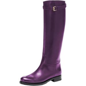 imageFSJ Women Regular Round Toe Flats Riding Knee High Boots Wide Calf Buckled Strappy Chunky Low Heel Western Long Boots Size 415 USPurple