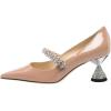 imageFSJ Women Charming Rhinestone Flared Low Heel Pumps Closed Pointed Toe One Strap Slip On Comfortable Work Office Wedding Dance Dress Shoes Size 416 USNude