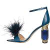 imageFSJ Women Chic Feather Open Toe Ankle Strap Sandals Crystal Block High Heel Furry Wedding Evening Prom Shoes Size 416 USCyan