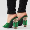 imageFSJ Women Chic Square Open Toe Crystal Heeled Sandals Block Chunky High Heel Slip On Mules Comfortable Casual Dress Sildes Shoes Size 416 USGreen