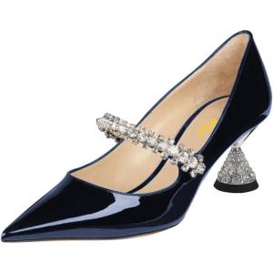 imageFSJ Women Charming Rhinestone Flared Low Heel Pumps Closed Pointed Toe One Strap Slip On Comfortable Work Office Wedding Dance Dress Shoes Size 416 USDark Blue
