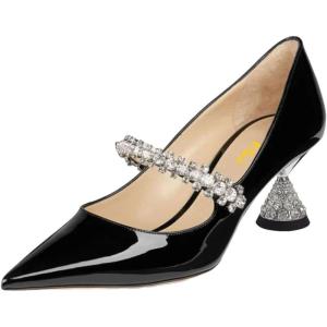 imageFSJ Women Charming Rhinestone Flared Low Heel Pumps Closed Pointed Toe One Strap Slip On Comfortable Work Office Wedding Dance Dress Shoes Size 416 USBlack