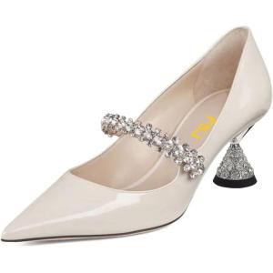 imageFSJ Women Charming Rhinestone Flared Low Heel Pumps Closed Pointed Toe One Strap Slip On Comfortable Work Office Wedding Dance Dress Shoes Size 416 USIvory