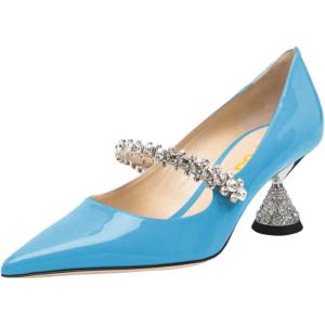 imageFSJ Women Charming Rhinestone Flared Low Heel Pumps Closed Pointed Toe One Strap Slip On Comfortable Work Office Wedding Dance Dress Shoes Size 416 USSky Blue