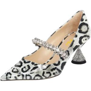 imageFSJ Women Charming Rhinestone Flared Low Heel Pumps Closed Pointed Toe One Strap Slip On Comfortable Work Office Wedding Dance Dress Shoes Size 416 USGrey Leopard