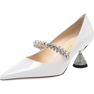 imageFSJ Women Charming Rhinestone Flared Low Heel Pumps Closed Pointed Toe One Strap Slip On Comfortable Work Office Wedding Dance Dress Shoes Size 416 USWhite