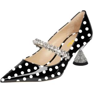 imageFSJ Women Charming Rhinestone Flared Low Heel Pumps Closed Pointed Toe One Strap Slip On Comfortable Work Office Wedding Dance Dress Shoes Size 416 USBlack Polka Dot