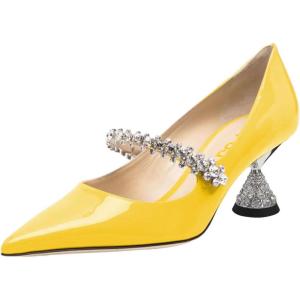 imageFSJ Women Charming Rhinestone Flared Low Heel Pumps Closed Pointed Toe One Strap Slip On Comfortable Work Office Wedding Dance Dress Shoes Size 416 USYellow