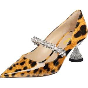 imageFSJ Women Charming Rhinestone Flared Low Heel Pumps Closed Pointed Toe One Strap Slip On Comfortable Work Office Wedding Dance Dress Shoes Size 416 USLeopard Print