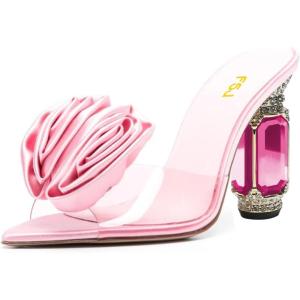 imageFSJ Women Charming Rose Floral Heel Sandals Clear PVC Band Crystal Chunky Heel Sexy Pointed Peep Toe Slip On Mules Party Prom Wedding Shoes Size 416 USPink