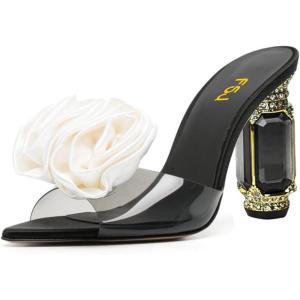 imageFSJ Women Charming Rose Floral Heel Sandals Clear PVC Band Crystal Chunky Heel Sexy Pointed Peep Toe Slip On Mules Party Prom Wedding Shoes Size 416 USBlack White Flower