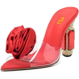 imageFSJ Women Charming Rose Floral Heel Sandals Clear PVC Band Crystal Chunky Heel Sexy Pointed Peep Toe Slip On Mules Party Prom Wedding Shoes Size 416 USRed