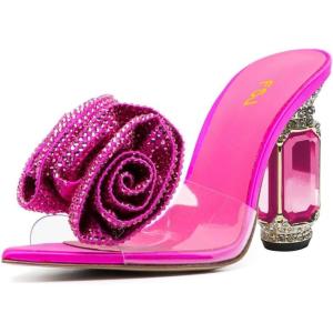 imageFSJ Women Charming Rose Floral Heel Sandals Clear PVC Band Crystal Chunky Heel Sexy Pointed Peep Toe Slip On Mules Party Prom Wedding Shoes Size 416 USFushcia