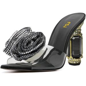 imageFSJ Women Charming Rose Floral Heel Sandals Clear PVC Band Crystal Chunky Heel Sexy Pointed Peep Toe Slip On Mules Party Prom Wedding Shoes Size 416 USBlack Rhinestone