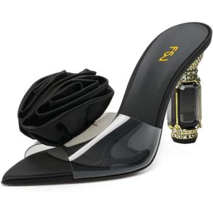 imageFSJ Women Charming Rose Floral Heel Sandals Clear PVC Band Crystal Chunky Heel Sexy Pointed Peep Toe Slip On Mules Party Prom Wedding Shoes Size 416 USBlack