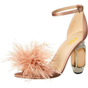 imageFSJ Women Chic Feather Open Toe Ankle Strap Sandals Crystal Block High Heel Furry Wedding Evening Prom Shoes Size 416 USChampagne