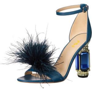 imageFSJ Women Chic Feather Open Toe Ankle Strap Sandals Crystal Block High Heel Furry Wedding Evening Prom Shoes Size 416 USCyan