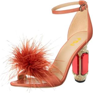 imageFSJ Women Chic Feather Open Toe Ankle Strap Sandals Crystal Block High Heel Furry Wedding Evening Prom Shoes Size 416 USOrange