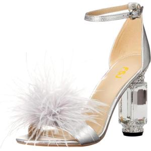 imageFSJ Women Chic Feather Open Toe Ankle Strap Sandals Crystal Block High Heel Furry Wedding Evening Prom Shoes Size 416 USSilver