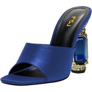 imageFSJ Women Chic Square Open Toe Crystal Heeled Sandals Block Chunky High Heel Slip On Mules Comfortable Casual Dress Sildes Shoes Size 416 USBlue