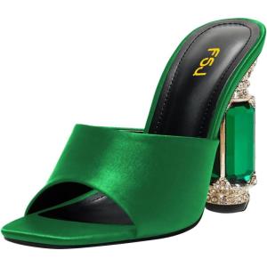 imageFSJ Women Chic Square Open Toe Crystal Heeled Sandals Block Chunky High Heel Slip On Mules Comfortable Casual Dress Sildes Shoes Size 416 USGreen