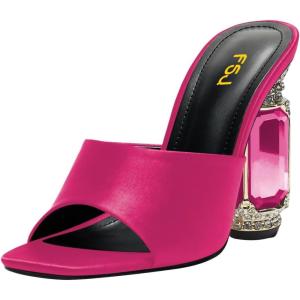 imageFSJ Women Chic Square Open Toe Crystal Heeled Sandals Block Chunky High Heel Slip On Mules Comfortable Casual Dress Sildes Shoes Size 416 USMagenta