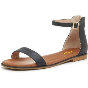 imageFSJ Women Classic Open Toe Ankle Strap Flat Sandals One Band Buckle Back Zipper Comfort Summer Dressy Shoes Size 416 USBlack