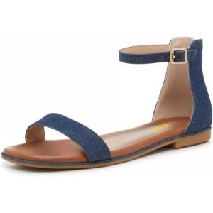 imageFSJ Women Classic Open Toe Ankle Strap Flat Sandals One Band Buckle Back Zipper Comfort Summer Dressy Shoes Size 416 USDark Blue Denim