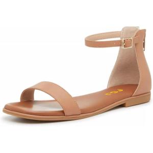 imageFSJ Women Classic Open Toe Ankle Strap Flat Sandals One Band Buckle Back Zipper Comfort Summer Dressy Shoes Size 416 USNude